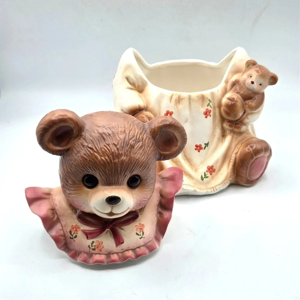 Mama Teddy Bear in Nightgown Cookie Jar Glass Eyes Holding Teddy Vintage 1980's